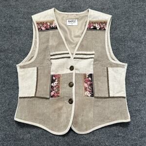 VINTAGE Landhaus Vest Women Large Leather Linen Cottagecore Folklore Patchwork